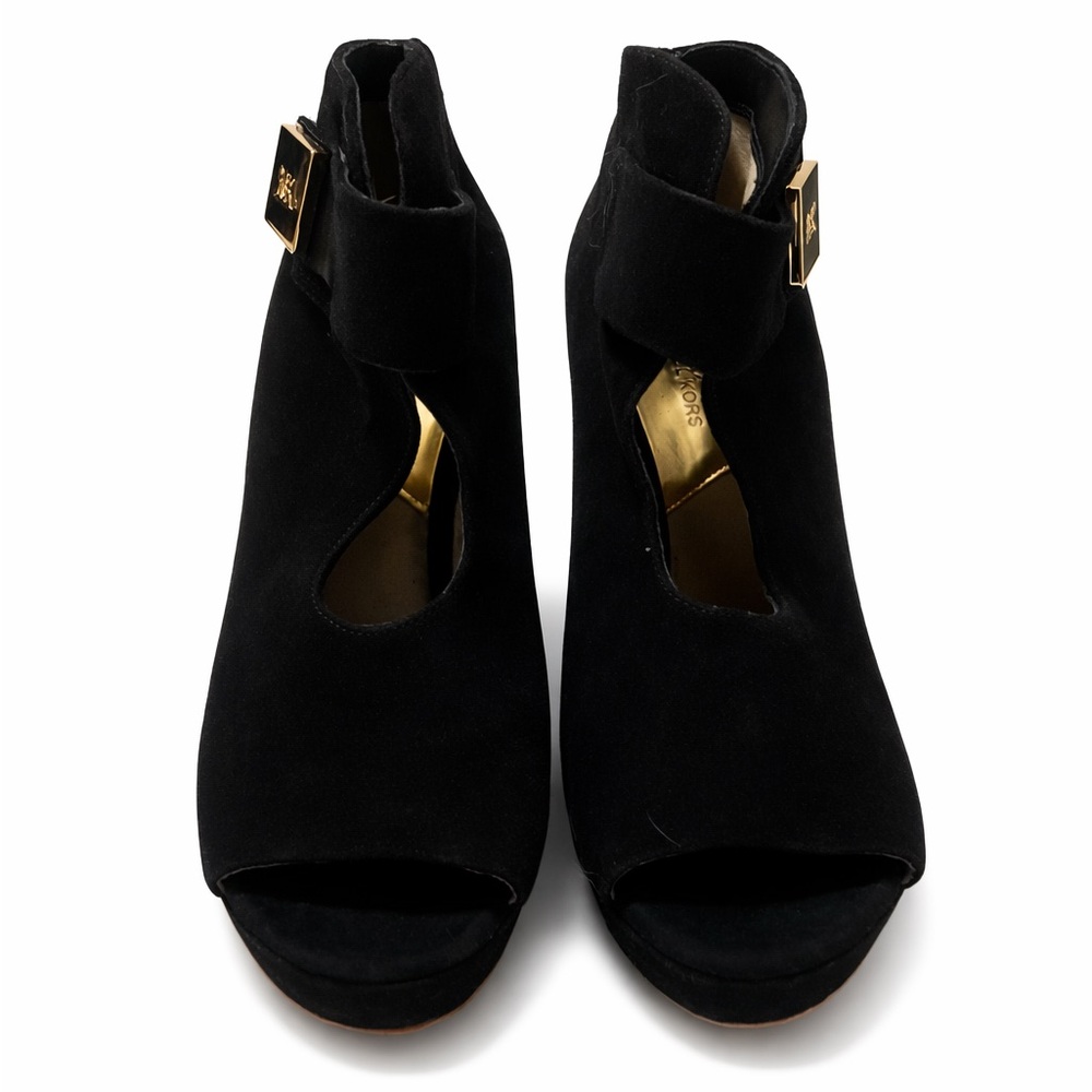 Michael Kors Black Suede Peep Toe Ankle Booties Gold MK | Size 5.5